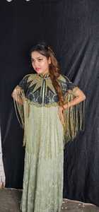 Elegant Burlesque Cape for Club Dress Black with Golden Beaded Strands and Sequins Straight Silhouette and Pearl Decorations - Product Image 4