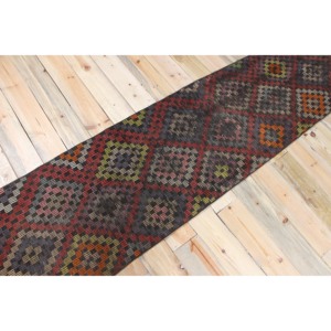 Tapis turc vintage, tapis Kilim 2,2x10,2 pieds, tapis en laine géométrique rouge arc-en-ciel - Product Image 2