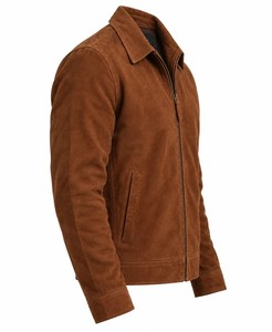 Blouson aviateur en cuir d'agneau marron pour homme, coupe classique, col rabattable, fermeture éclair, respirant, logo vintage sur le devant, vêtement d'hiver - Product Image 3