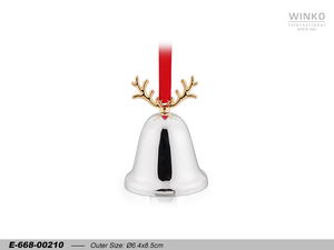 Winko XMAS BELL Christmas Ornament Hanging Decoration Ornament, W/ Gold Antlers On Top, W/ 5.5" <b>Red</b> <b>Ribbon</b>, Silver Pl/Lacq, - Product Image 1