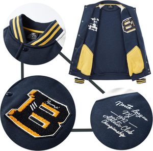 Veste universitaire de baseball vintage en toile pour hommes, manteau décontracté à manches longues et col montant, avec bouton d'hiver de style Letterman à l'avant - Product Image 3