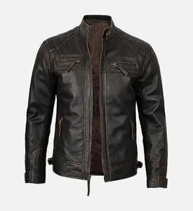 Veste de motard d'hiver décontractée à col montant pour hommes en cuir d'agneau véritable noir avec fermeture à glissière ODM Type d'approvisionnement - Product Image 3