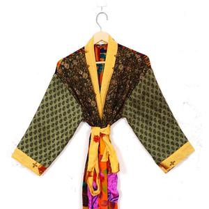 Artisanal Indian Silk Robe <b>Women</b> Patchwork V-Neck <b>Kimono</b> Style Elegant Recycled Fabric Breathable Quick Dry Drawstring Closure - Product Image 2