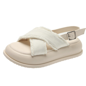 Women'S Classic Casual Vacation Style Blue Denim Fringed Thick Sole Soft Sole Sandals and Slippers Casual Comfy X-Strap Shoes - Product Image 2