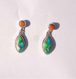 Pendientes de Botón de Turquesa Cobre Naranja Ostra y Turquesa Cobre Azul Verde, Pendientes de Botón Hechos a Mano, Regalo del Exportador - Product Image 1