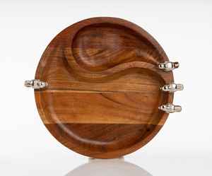 Hot Premium Acacia Wood Round 2 Section Chip & Dip Server con pájaros decorativos de metal Bandeja de madera clásica vintage única moderna - Product Image 2