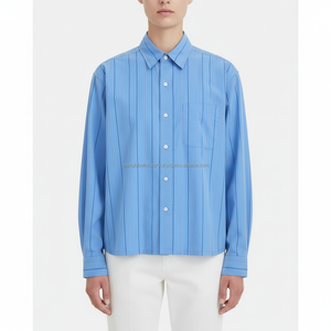 Camisas a Rayas de Alta Calidad para Hombre, Manga Larga, Casual, con Botones, de Algodón, Logotipo Personalizado, Transpirable, Rayas Verticales Azules - Product Image 3