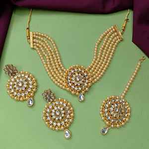 Bijoux indiens en gros ethnique floral mariage Kundan cristal collier ras du cou boucle d'oreille de mariée avec Maang Tikka ensemble de bijoux - Product Image 2