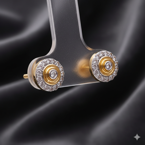 Pendientes de Botón de Halo con Diseño de Ojo de Buey en Dos Tonos de Oro y Plata de Ley para Mujer - Product Image 3