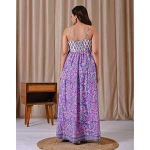 Vestido de Algodón Estampado en Bloques Blanco y Morado con Tirantes Finos y Cintura Imperio, Estilo Elegante Casual para Oficina, Transpirable y Cómodo - Product Image 5