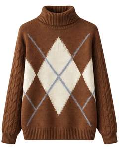 Customized Premium Men Turtleneck Argyle Knit Sweater Soft Warm <b>Cable</b> Sleeve Winter Pullover Casual Fashion Top Brown Blue Color - Product Image 1