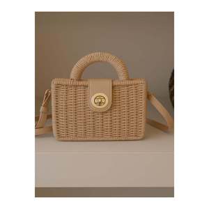 Women's Handmade <b>Straw</b> <b>Bag</b> with Lid - Camel Rattan Box Model 17x23 Cm CNT1033 - 1089camel - Product Image 1