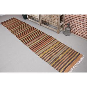 Turkish 2.1x11.2 ft Rug, Kilim Vintage Rug, <b>Brown</b> Camouflage Rug <b>Wool</b> - Product Image 1