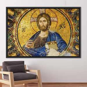 Impresión en lienzo de arte mosaico del Sagrado Jesucristo - Diseño de fresco étnico, 1P: Enmarcado en negro - Product Image 1