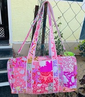 Sac de voyage de luxe en coton rose matelassé, design patchwork fait main, petit sac de plage pour la nuit, sac à maquillage pour femmes, réutilisable