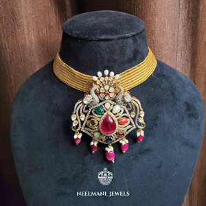 Big Navratna Peacock Pendant with <b>Ruby</b> Bezel Setting Inlay Technology - Product Image 3