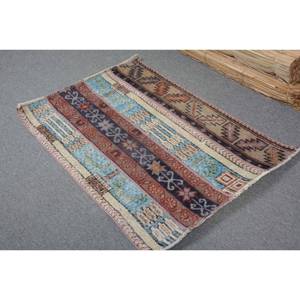 Vintage Turkish Rug Ethnic Blue Beige 2.4x3.4ft Large Area Classic Patchwork Design Wool Latex 4m Rectangle Hallway for Rooms - Product Image 3