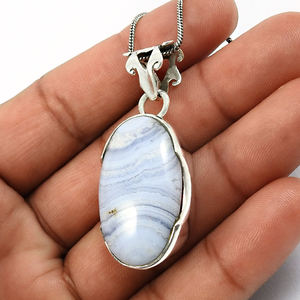 Plata de Ley 925, venta al por mayor, joyería hecha a mano, ágata de encaje azul Natural, piedra preciosa, forma ovalada, colgante clásico para mujeres y hombres, India - Product Image 4