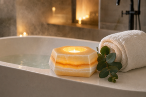 Support de bougie chauffe-plat hexagonal en onyx ambre naturel, fait main, géométrique, en pierre, vente en gros, logo personnalisé, décoration maison et spa - Product Image 2