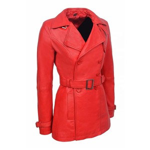ATLANTIC ODM Gabardina para mujer Premium Cuero rojo Doble botonadura Nuevo estilo clásico Slim Fit Abrigo largo - Product Image 3
