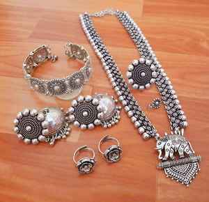 Indian Traditional Oxidised Jewelry Combo <b>Set</b> for <b>Women</b> Necklace, Earrings, Bangles, <b>Rings</b>, Nose Pin For Ethnic & Festive Wear - Product Image 1