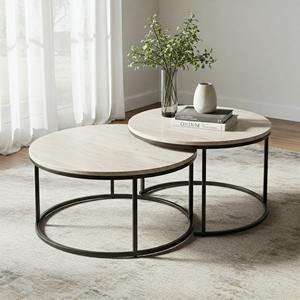 Dessus de table ronds modernes en faux MDF et cadres en métal noir pour la maison, meubles de salon, ensemble de tables basses - Product Image 2