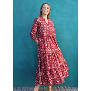 Robe longue à volants avec manches longues en coton cranberry - Product Image 1