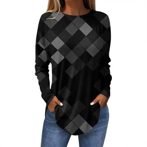 Camiseta de Mujer 100% Algodón, Estampado Geométrico Irregular en 3D, Manga Larga, Cuello Redondo, Tops Cortos, Jersey para Vacaciones - Product Image 5