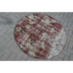 Alfombra Redonda Vintage de 3.9x4 pies, Alfombra Oriental Turca Roja y Verde de Lana con Diseño de Patchwork, Respaldo de Látex Ecológico - Product Image 4