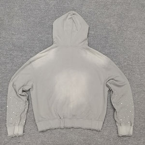 เสื้อฮู้ดดี้ครอปทรงโอเวอร์ไซส์สำหรับผู้ชาย พิมพ์ลาย DTG แต่งลายปักแบบดิสเทรส ฉีดสีสเปรย์ สไตล์สตรีทแวร์ ประดับคริสตัล ซิปหน้า - Product Image 2