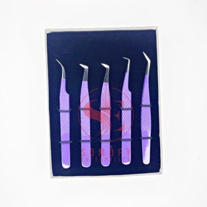 Pince à épiler professionnelle d'extension de cils Durable en acier inoxydable violet de haute qualité Logo personnalisé pointe de Fiber de Volume incurvée - Product Image 3