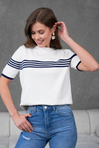 เสื้อถักแขนสั้นคอกลมสำหรับผู้หญิงเสื้อยืดเสื้อถักลายทางระบายอากาศได้ดีมีสไตล์สวมใส่สบาย - Product Image 2