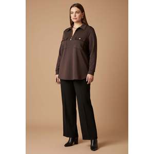 Blouse en modal tricoté à col yaka avec fermeture éclair, grande taille, couleur café - Product Image 5