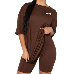 Camiseta de algodón 100% de otoño y Verano y conjunto corto de 2 piezas para mujer/conjunto de ropa de descanso transpirable de alta calidad de Color sólido para mujer - Product Image 1