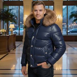 Men's Puffer Leather <b>Jacket</b> with Fox <b>Fur</b> <b>Hood</b> Breathable Summer Casual Puffer <b>Jacket</b> Plaid Pattern - Product Image 5