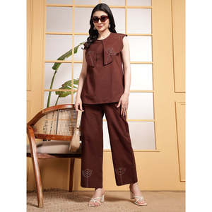 Deebaco Women's Brown <b>Linen</b> Cotton Sleeveless <b>Top</b> With Embroidered Pants Co-Ord Set Casual Spring Summer Loose Fit Two Piece Set - Product Image 1