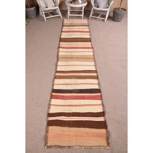 Vintage Rug, 2.6x12.3 ft Turkish Rug, <b>Brown</b> Red Oriental <b>Wool</b> Rug - Product Image 1