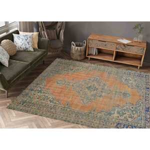 Tapis turc imprimé orange de style vintage, design Oushak, tapis en chenille - Product Image 2