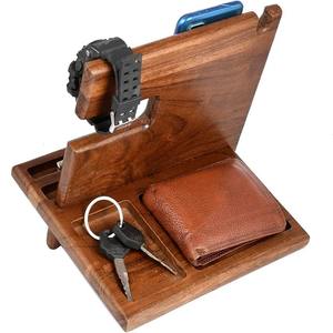 Organisateur de bureau brun naturel en bois massif 18*20 cm avec support mobile Gestion des fils de support de téléphone portable - Product Image 1