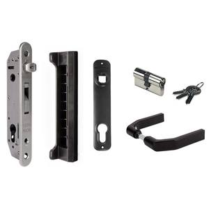 Juego LOCINOX para puertas y portillos: Cerradura de gancho FORTYLOCK 92 mm (100% INOX, perfil mínimo 40mm), placa de golpeo, negro, manija de puerta - Product Image 1