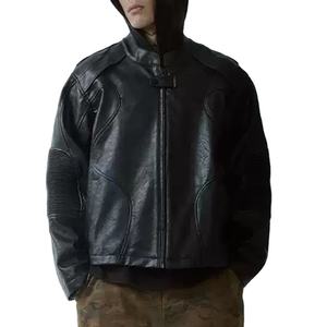 Streetwear d'hiver personnalisable pour homme Veste en cuir PU noir fermeture éclair avec toile pour la conduite de moto - Product Image 4