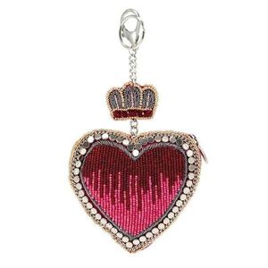 Beautiful heart design <b>pink</b> and red coloured seed <b>beaded</b> embroidery keychain and keyring and <b>bag</b> accessories from India - Product Image 1