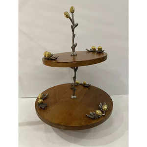 แท่นวางเค้ก2ชั้นดีไซน์โบราณทำจากไม้พร้อมที่จับโลหะสีทองสำหรับวางบนโต๊ะเค้กที่เสิร์ฟในราคาถูก - Product Image 4