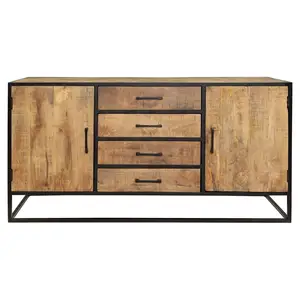 Vintage Industrial Style Iron Frame and Mango Wood Dresser Storage Cabinet with 4 Drawers and 2 Doors for Home Living Room