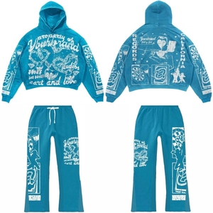 Ensemble de survêtement unisexe surdimensionné, poids lourd 500 g/m², impression sérigraphique, survêtement pour hommes, ensemble deux pièces, pantalon évasé, sweat-shirts, survêtement ample - Product Image 1