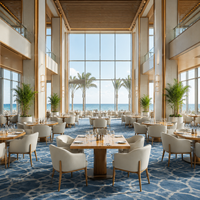 Meubles de cafétéria modernes, fauteuils rembourrés à dossier incurvé, tables en bois massif, ensemble table et chaises de café pour hôtel, restaurant