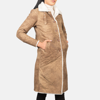 Mantel Trench Wanita Warna Cokelat Muda Berbahan Shearling Dengan Kerah Bulu, Kancing Depan, Panjang Selutut, Pakaian Luar Kasual Musim Dingin