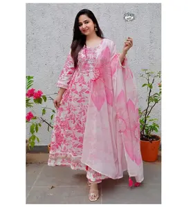 Nuevo diseñador Party Wear Light Pink Floral Hand Block Impreso Anarkali con Dupatta Pant Set Venta al por mayor Ropa étnica de exportación