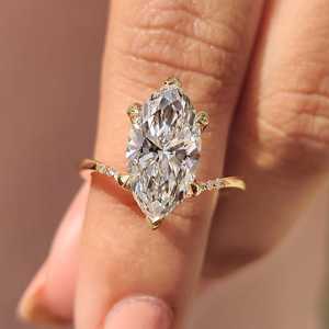 Elongated Marquise Lab Grown Diamond Solitaire <b>Ring</b> with Diamond Pave Band in 14K Yellow Gold Modern Bridal Wedding Fine Jewelry - Product Image 5