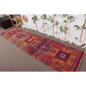 Alfombra turca Vintage bohemia de área grande 2.8ft X 11.1ft Rojo Naranja Patchwork Diseño Lana Látex Rectangular Pasillo abstracto Habitación - Product Image 1
